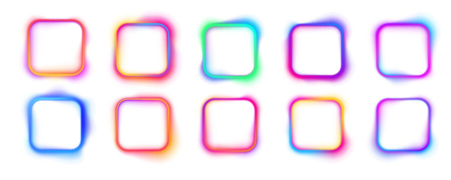Set of glowing neon square lamps isolated on white background with copy space. Illustration of neon electric style square frame. Gradient pink purple blue color. PNG