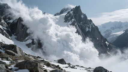A massive avalanche roars down a jagged mountain in a cold, intense scene.
