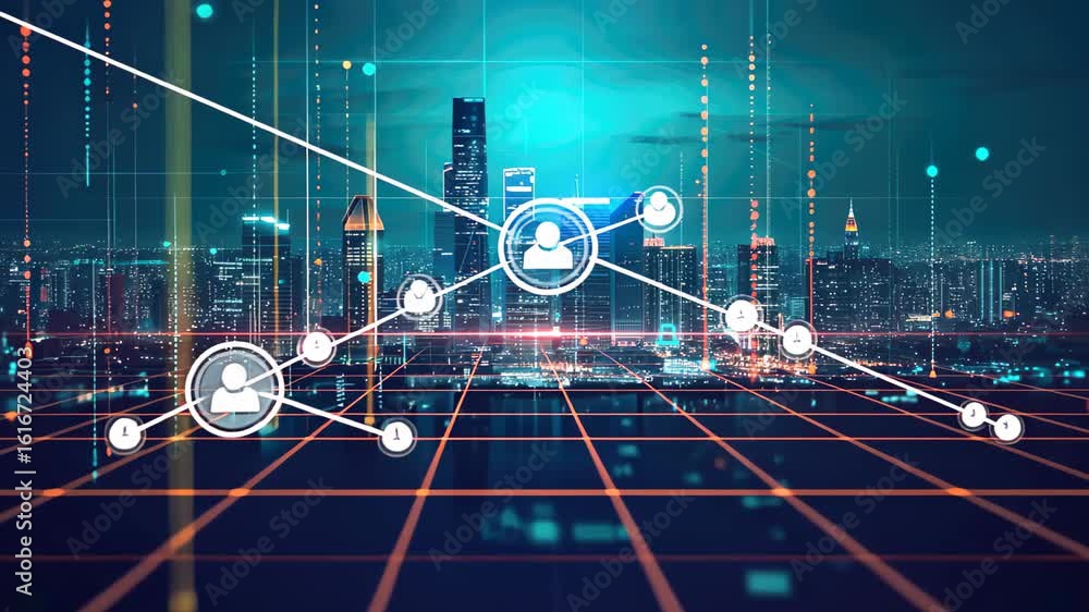 Aufkleber digital network over city: a mesmerizing digital network illuminates a cityscape, with interconnecte