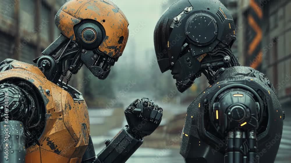 Poster clash of the machines: two imposing robots stand face-to-face amidst an industrial backdrop, their m