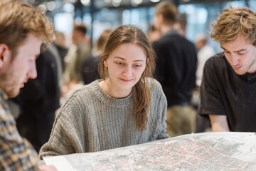 Group of young adults discussing a detailed map in a busy urban setting during a collaborative planning session