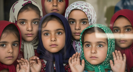Young girls in headscarves gaze intently through a window, their expressions conveying a mix of curiosity and apprehension.