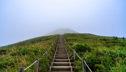 Ascending a steep wooden staircase through lush green foliage towards a misty mountain summit