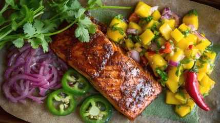 Savor exquisite taste of seared salmon, richly spiced and complemented by a vibrant, fresh mango salsa. This dish is a delightful fusion of sweet and spicy, offering a healthy, flavorful © valeo5
