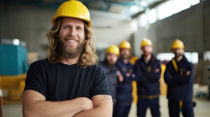 Smiling male construction worker with long hair and beard, wearing a yellow helmet