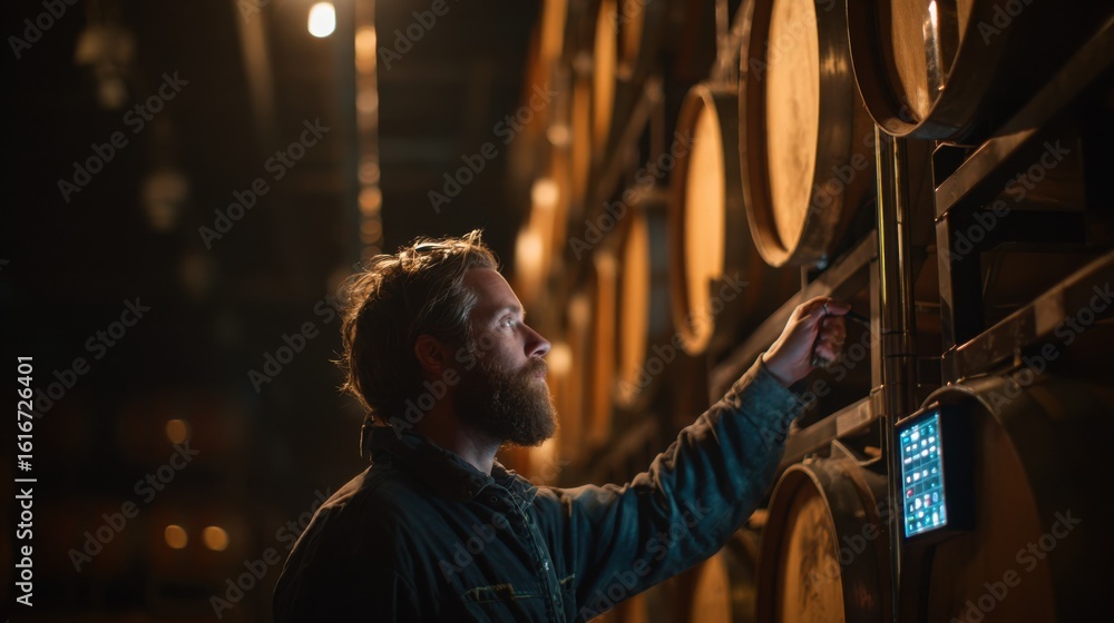 Poster medium shot of a fermentation expert adjusting sensors on kombucha barrels in a dimly lit cellar wit