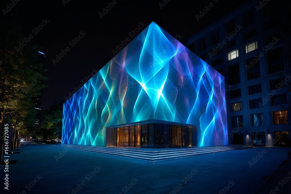 Poster modern building illuminated with colorful light patterns at night in an urban setting