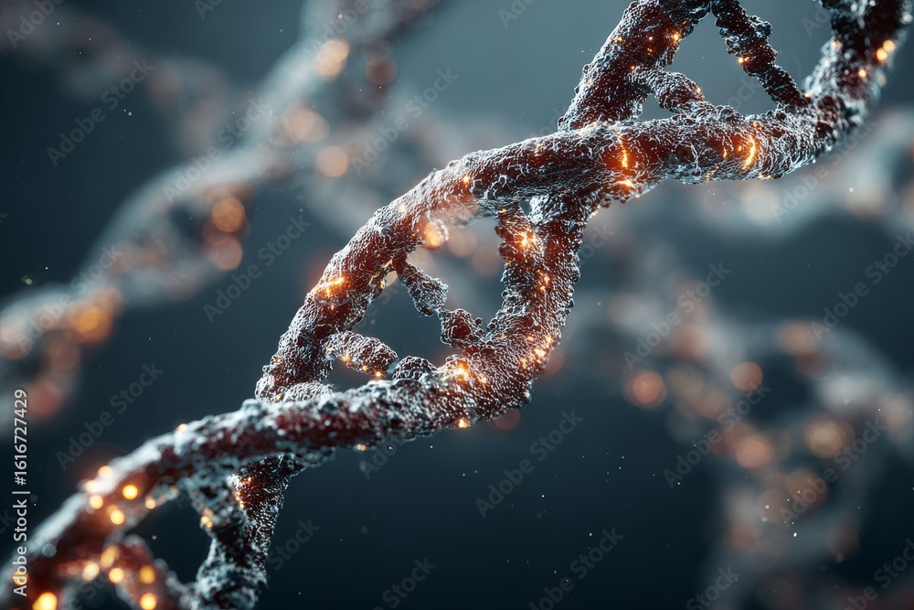 Poster detailed view of dna structure illuminated with bright particles highlighting genetic information pa