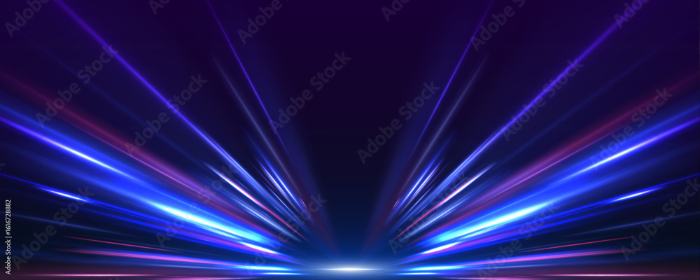 Poster Neon light trails streak across a dark background with dynamic motion blur. High-speed motion and futuristic glow create a cyberpunk atmosphere. Perfect for tech-themed visuals. 
