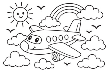Obraz premium Coloring page for children with black outline of airplane, clouds, sun, and rainbow, isolated on white background. concept of kids fun, educational activity, aviation theme, cute design.