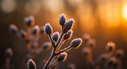 Frosty Plant Buds Glowing in the Morning Sunlight