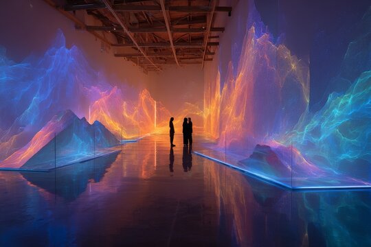 Colorful digital art installation illuminated by vibrant projections in modern exhibition space with viewers enjoying the immersive experience