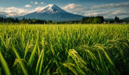 good quality and organic japanese rice field at Fuji mountain area, Japan.