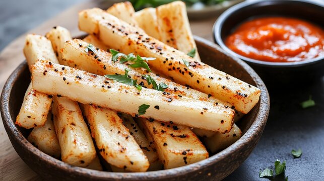 Discover the vibrant flavors of jicama sticks paired with a bold spicy dip in a casual dining setting