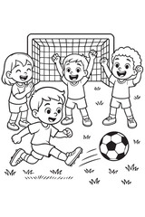 Coloring page featuring children playing soccer with goalpost and ball in black outline. concept of kids activities, sports for children, fun play, team sports, art for kids
