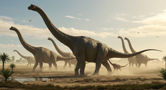A herd of brachiosaurus dinosaurs walking through a dusty landscape with palm trees and a cloudy sky