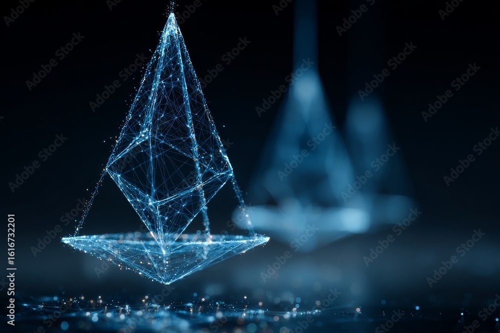 Poster digital representation of interconnected geometrical shapes floating in a dark space with glowing po