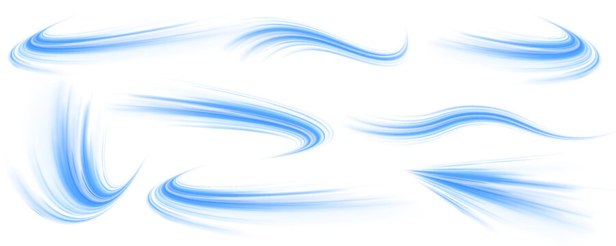 Blue curved wave lines create an airflow effect resembling sound waves and spirals. Transparent wavy shapes in various whirlpool and zigzag forms add dynamic motion. Great for presentations PNG. 