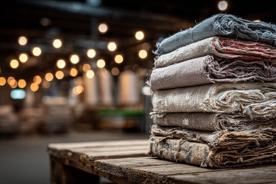 Old textiles stacked on a wooden table in a well-lit fabric store during a busy afternoon