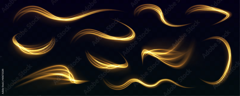 Poster set of curved yellow light lines on transparent background. bright lights with glowing lines in moti