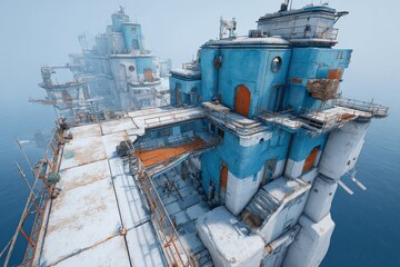 Unique architectural structure on a tranquil ocean scene with bright blue buildings