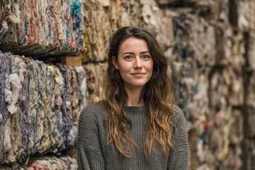 Woman smiling in a textile recycling facility surrounded by colorful fabric bales in a busy environment