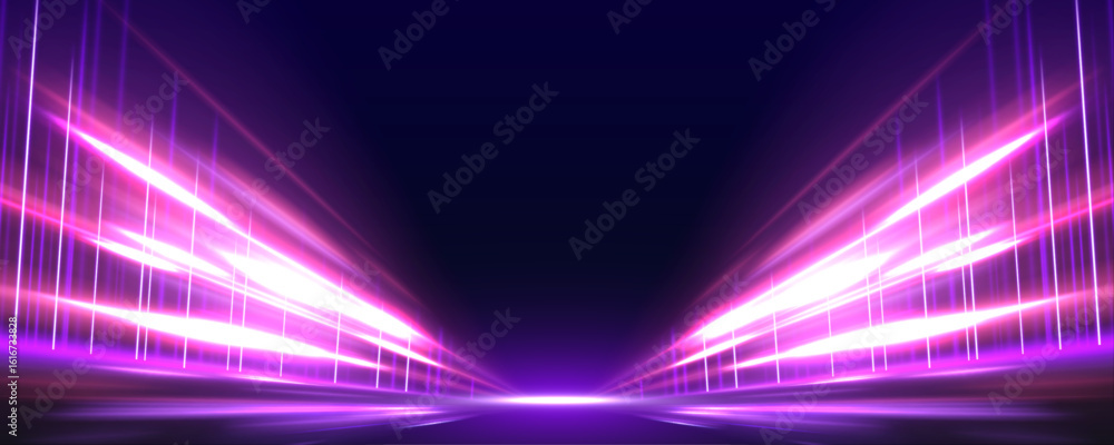 Poster neon stripes in the form of drill, turns and swirl. speed of light concept background. abstract back
