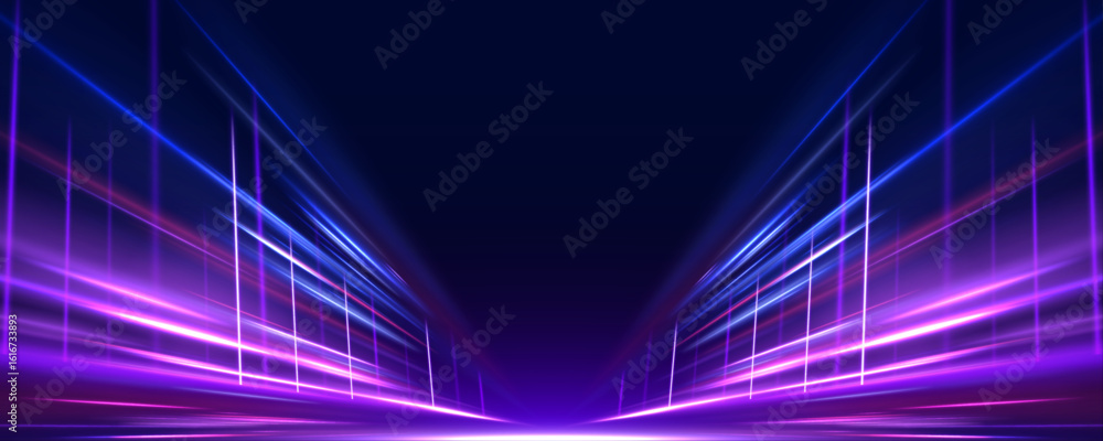 Poster neon stripes in the form of drill, turns and swirl. speed of light concept background. abstract back