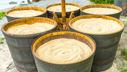 Wooden barrels filled with sand on the beach