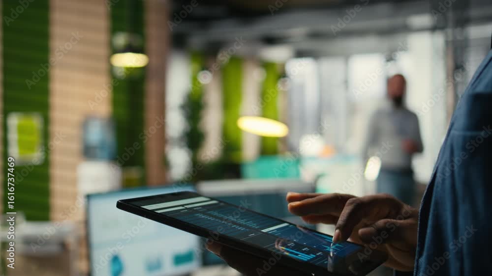Poster close up of man reviews performance metrics insights on tablet, driving business strategy and innova