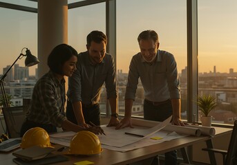 Reviewing Building Plans Team Working at Sunset