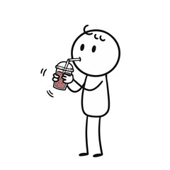 Stick figure boy enjoying a delicious smoothie with a cheerful expression against a bright white background, concept of health food or beverage service