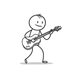 Stick figure boy happily playing guitar with bright smile against a simple white background, creative concept of music education or entertainment