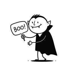 person vampire with a cheerful expression holding a sign that says "Boo!" against a plain white background, fun concept of Halloween decor or party supplies