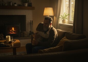 Father Hugging Child Comfortingly on Sofa by Fireplace