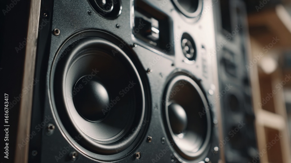 Poster medium shot of modular subwoofer units aligned modularly ai sensor module in crisp focus adjusting o
