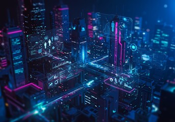 Futuristic Cityscape with Data Visualizations at Night