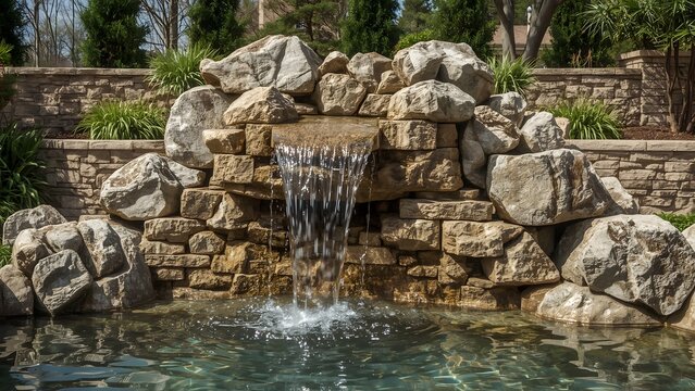 Naturalistic backyard waterfall with stone and water feature