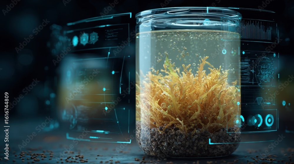 Poster transparent laboratory fermenter with layers of active algae and digital interface displaying data, 