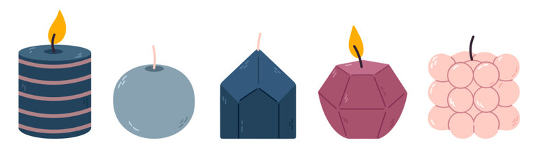 Modern collection of decorative candles in geometric and bubble shapes with soft matte textures