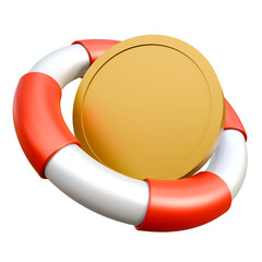 Blank gold coin with life buoy isolated on background. Golden coin in lifebuoy isolated. 3D illustration. Money saving. Financial protection concept element.