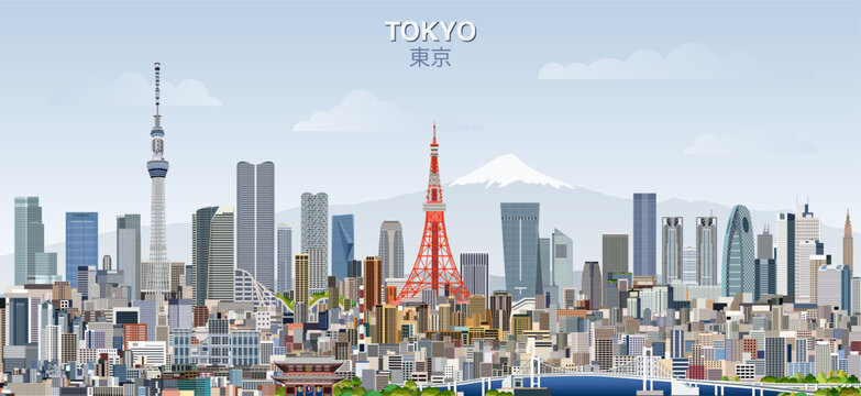Tokyo city skyline on gradient beautiful day sky background. Vector illustration
