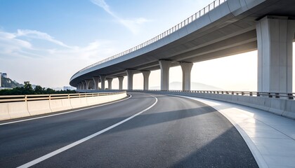 Fototapeta premium Modern elevated highway curving under a bright blue sky with sunlight illuminating the concrete structure