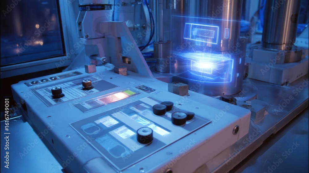 Poster futuristic control panel with toggles and switches displays a live feed of optical fiber integrity t