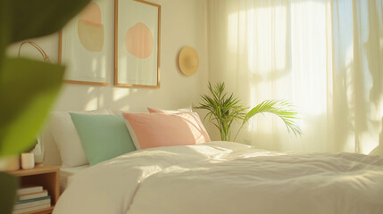 Cozy sunlit bedroom with pastel accents and modern decor