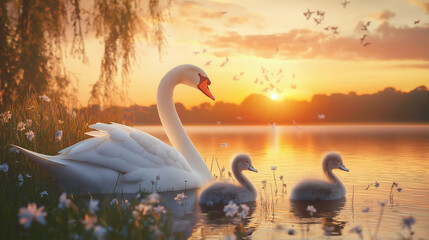 Majestic swan and cygnets during sunset by a tranquil lake