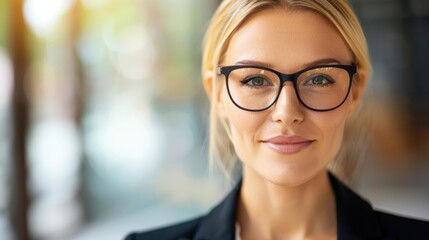 Confident senior businesswoman in a tailored suit smiles, showcasing her leadership skills in a modern office setting.