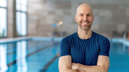 Confident swimming instructor stands by the pool, arms crossed, ready to inspire and teach aspiring swimmers.