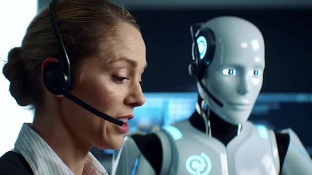 Female customer service agent with a headset working alongside a humanoid AI robot assistant in a futuristic call center.