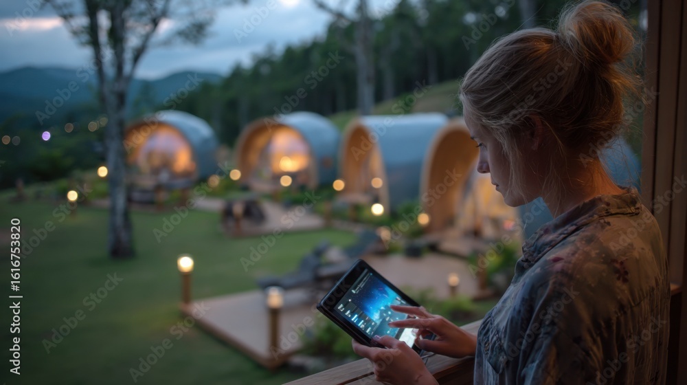 Poster medium shot of a traveler tapping a tablet screen to book an automated meteor shower notification se